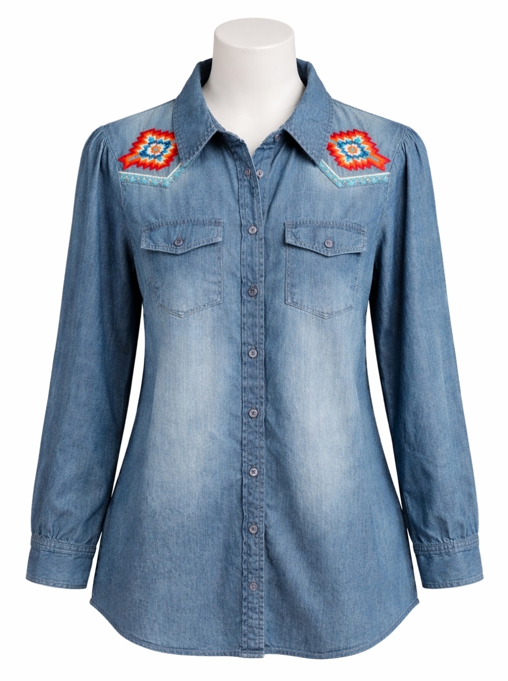 Madeline Sparklestein Embroidered Chambray Denim Button Down Shirt S Western